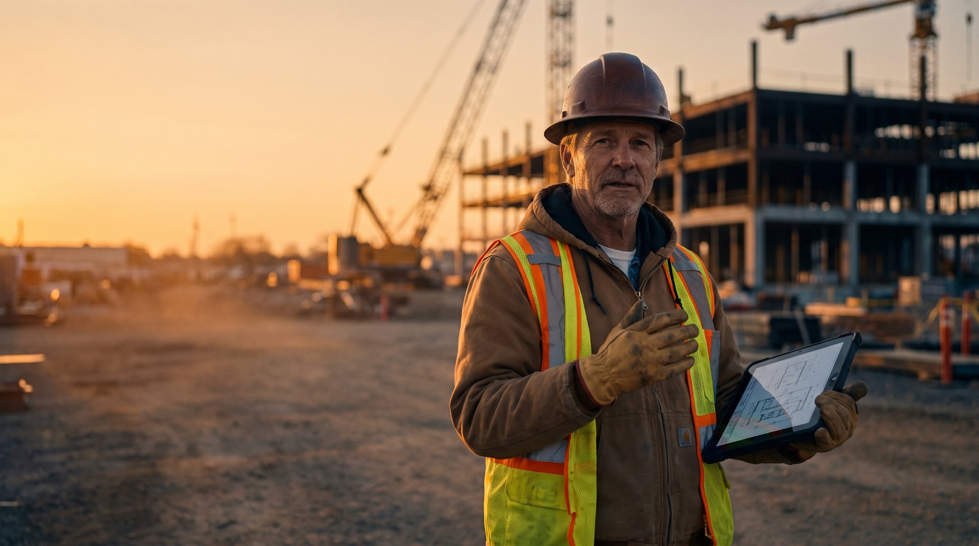 CIS contractor reviewing worker profiles on a tablet at sunset with a job site behind him.