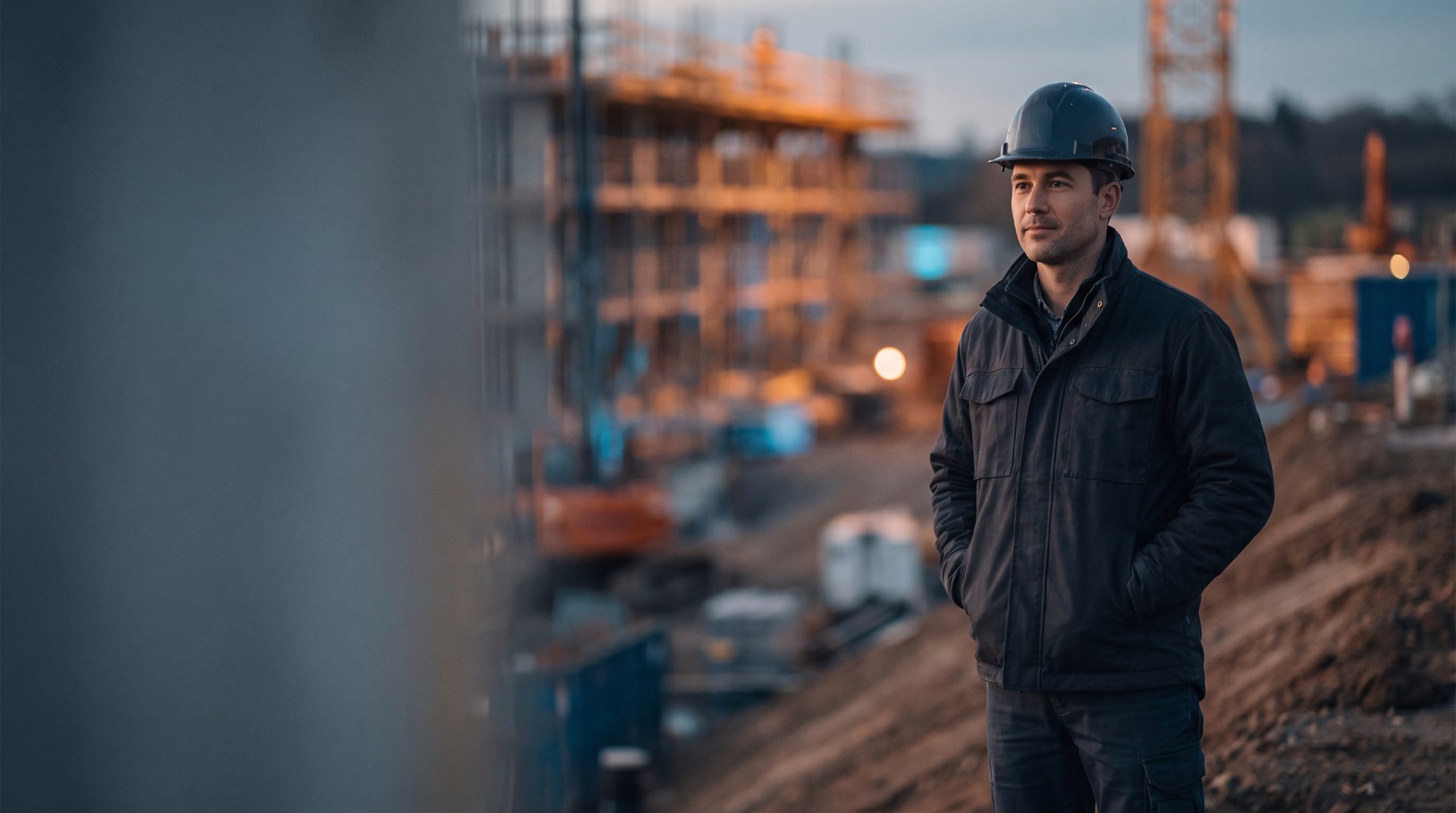 CIS construction worker standing at a dusk job site, hard hat on, scaffolding and crane lights in the background.