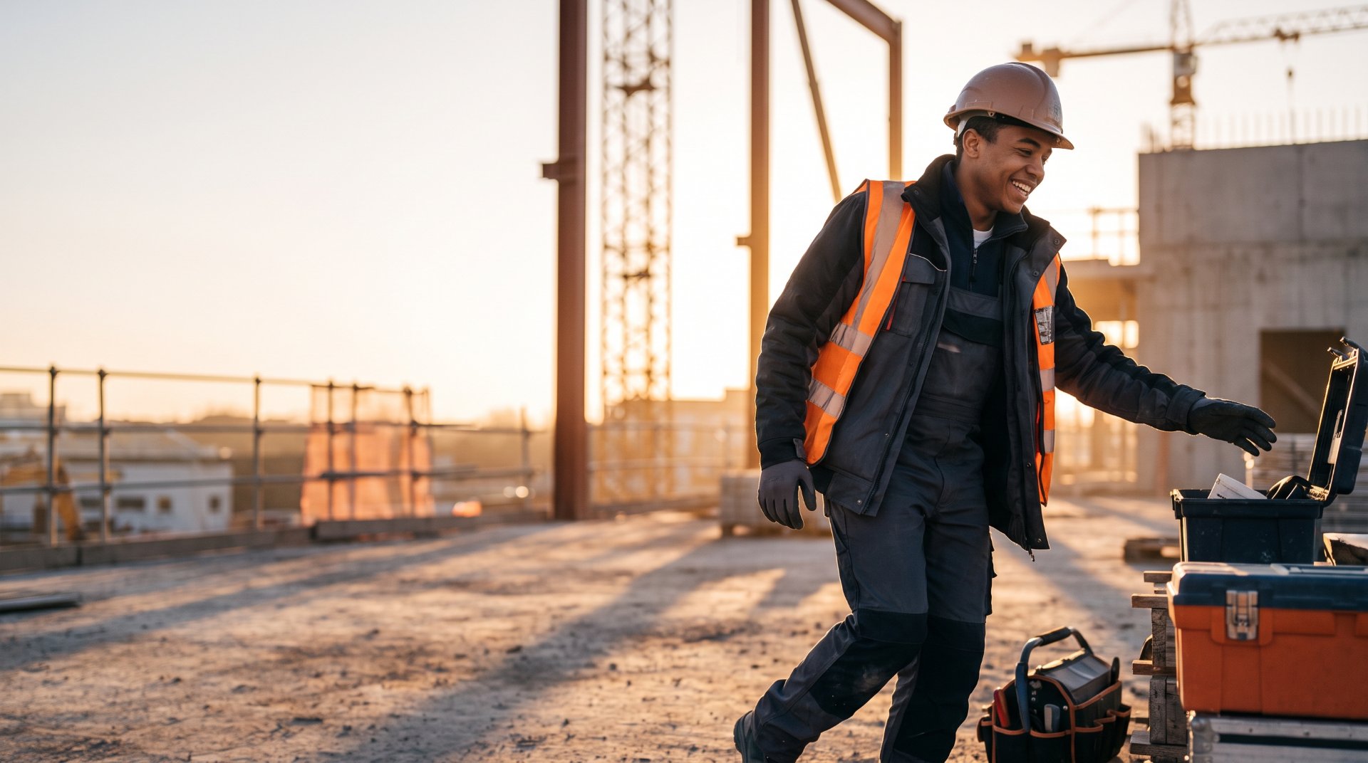 CIS construction worker walking across a sunrise job site with a tool box, cranes and a rising structure in the background.
