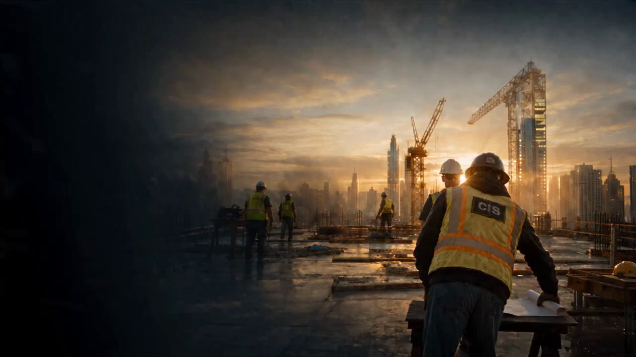 CIS construction worker overlooking a wide sunset skyline with cranes and crew at a job site, representing the people connected through the CIS Labor Marketplace.