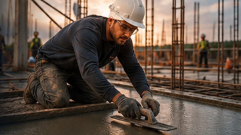 Concrete finisher smoothing a fresh concrete slab at a commercial job site at sunset