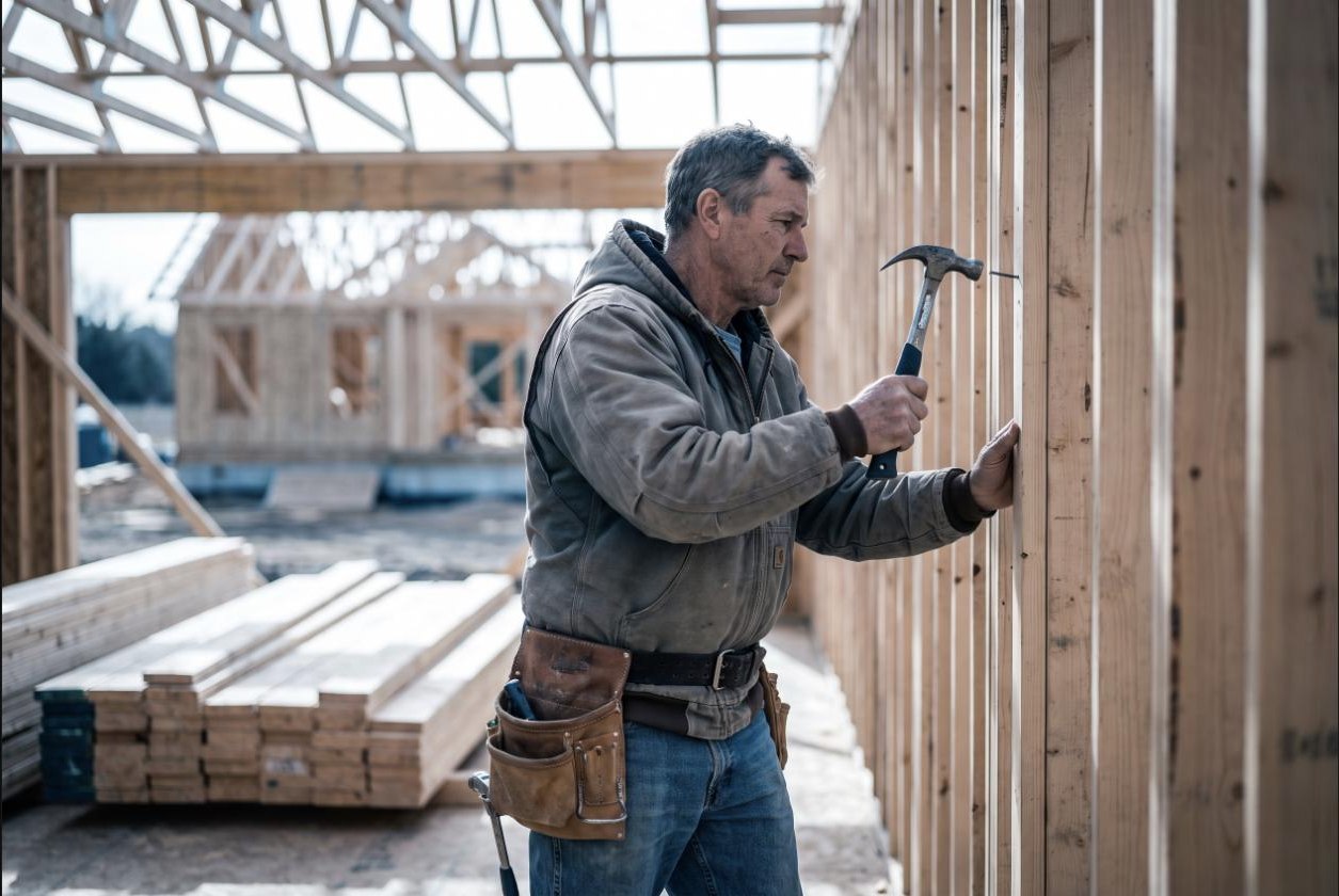 Carpenter framing a wood-stud wall at a construction site