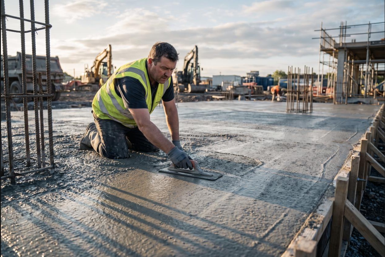 Concrete finisher troweling a freshly poured slab at a job site