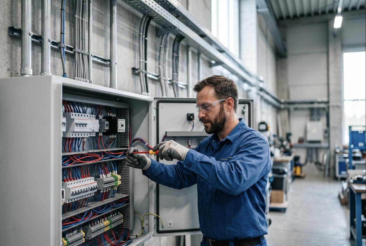 Electrician wiring an open commercial electrical panel