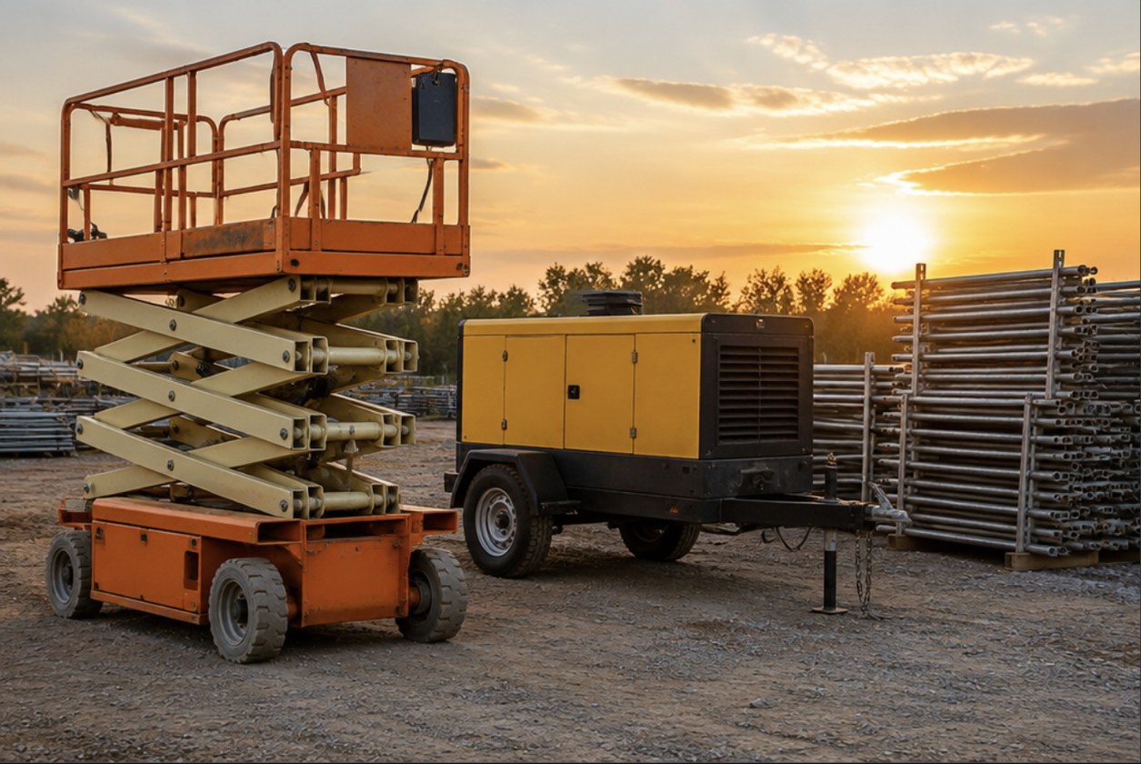 Rental heavy equipment staged and ready for deployment at a construction job site, representing the range of job-site services available through CIS Labor Marketplace.