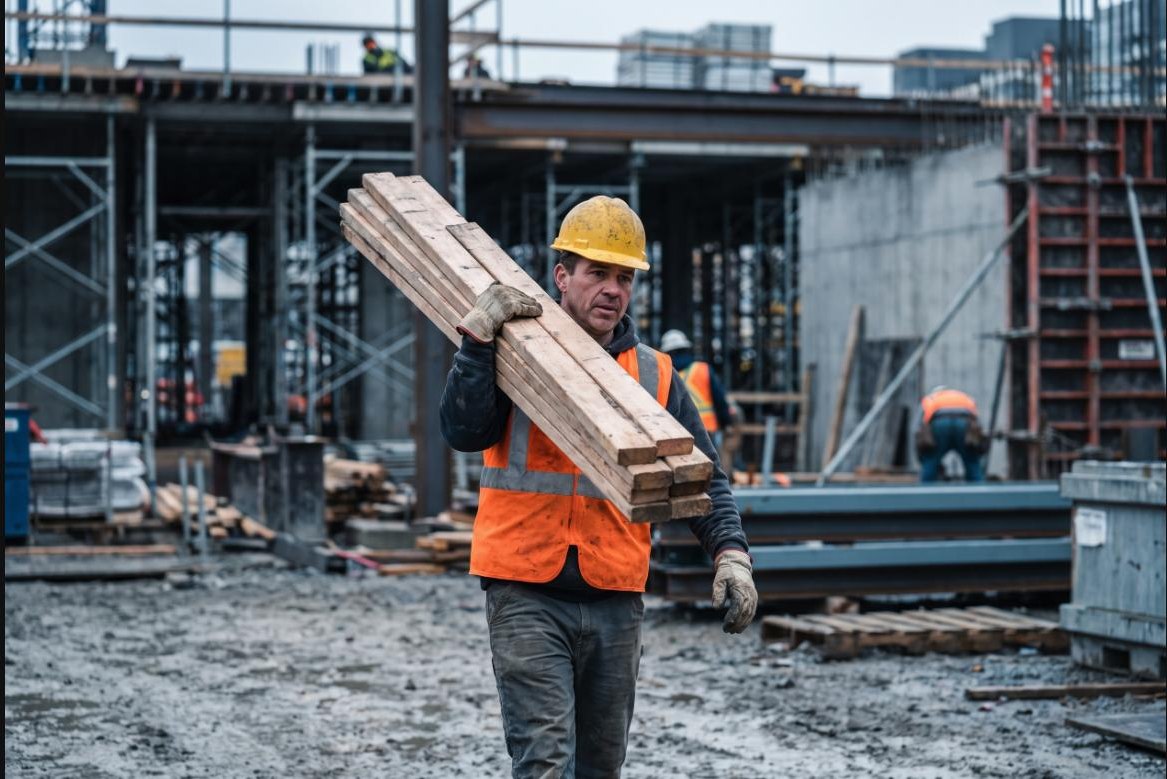 General laborer carrying lumber across an active construction site