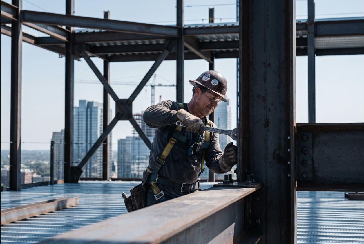 Ironworker securing a bolted steel beam connection on a high-rise structural frame