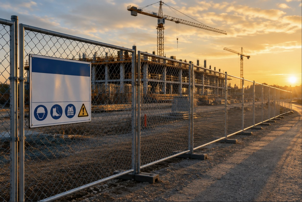 Temporary chain-link fencing enclosing an active construction site