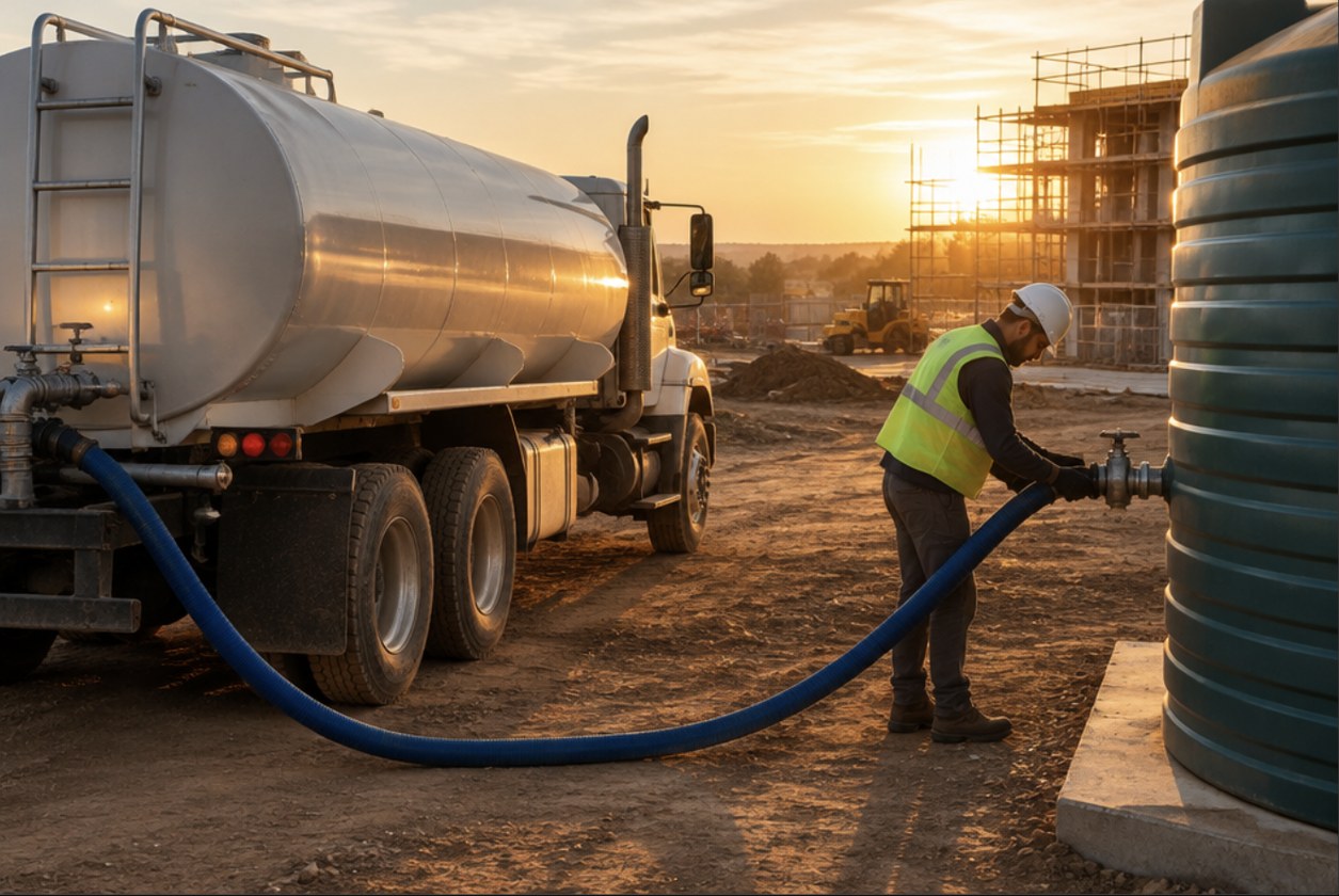 Water delivery tank truck supplying a construction site